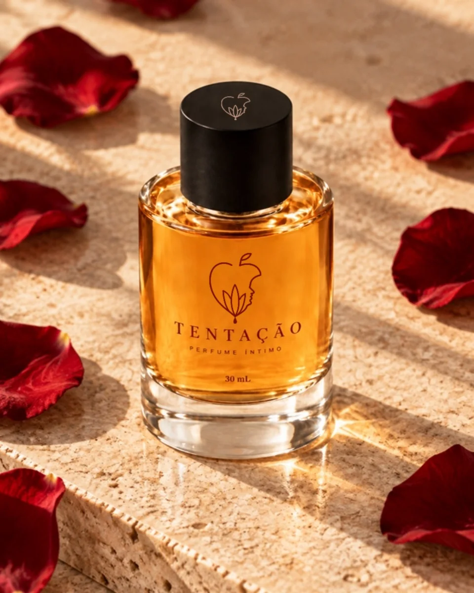 Tentação Perfume Íntimo sobre pedra clara com pétalas de rosa vermelha em volta